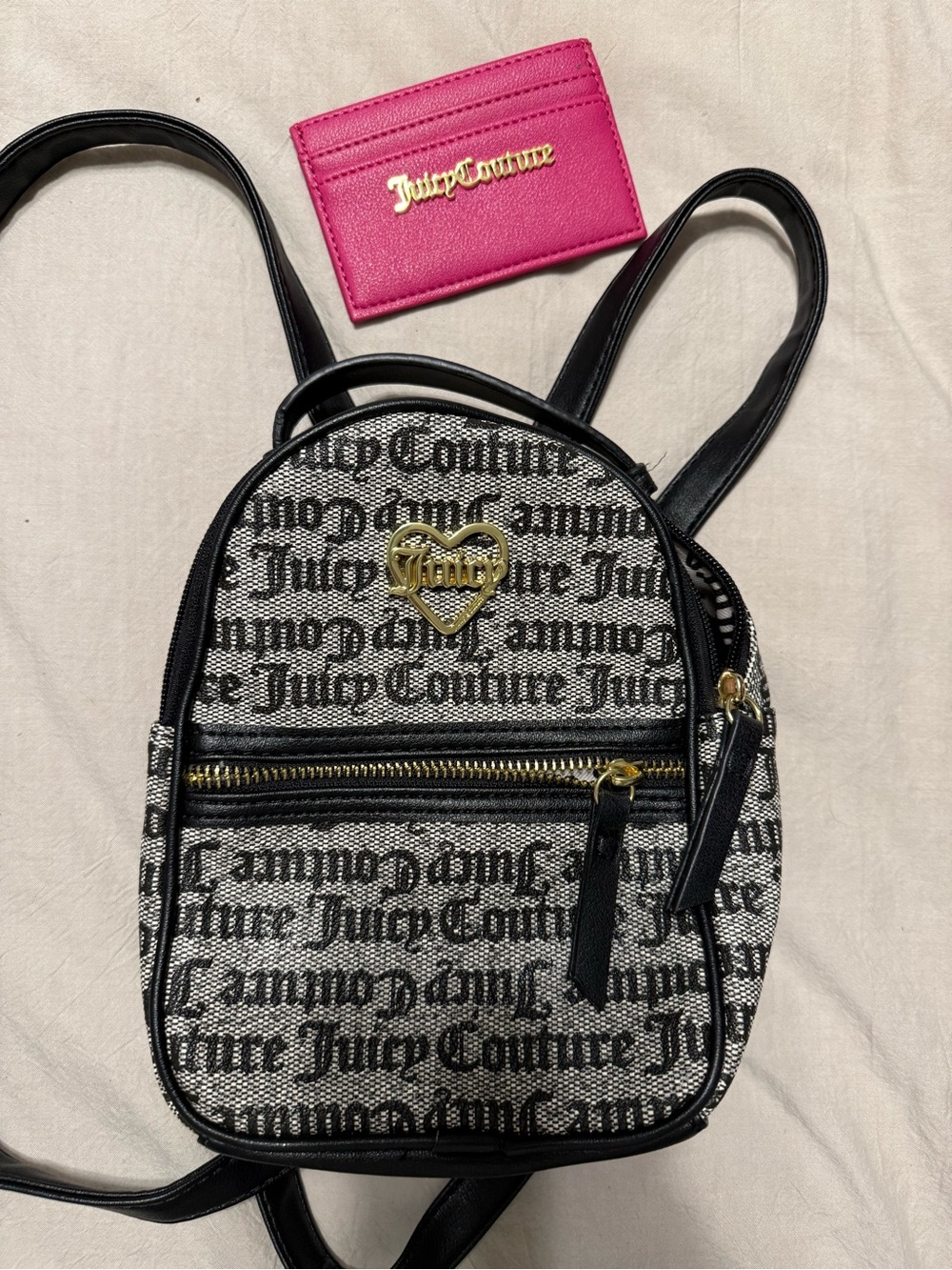 Juicy Couture Black & White Logo Mini Backpack with Gold Heart Accent